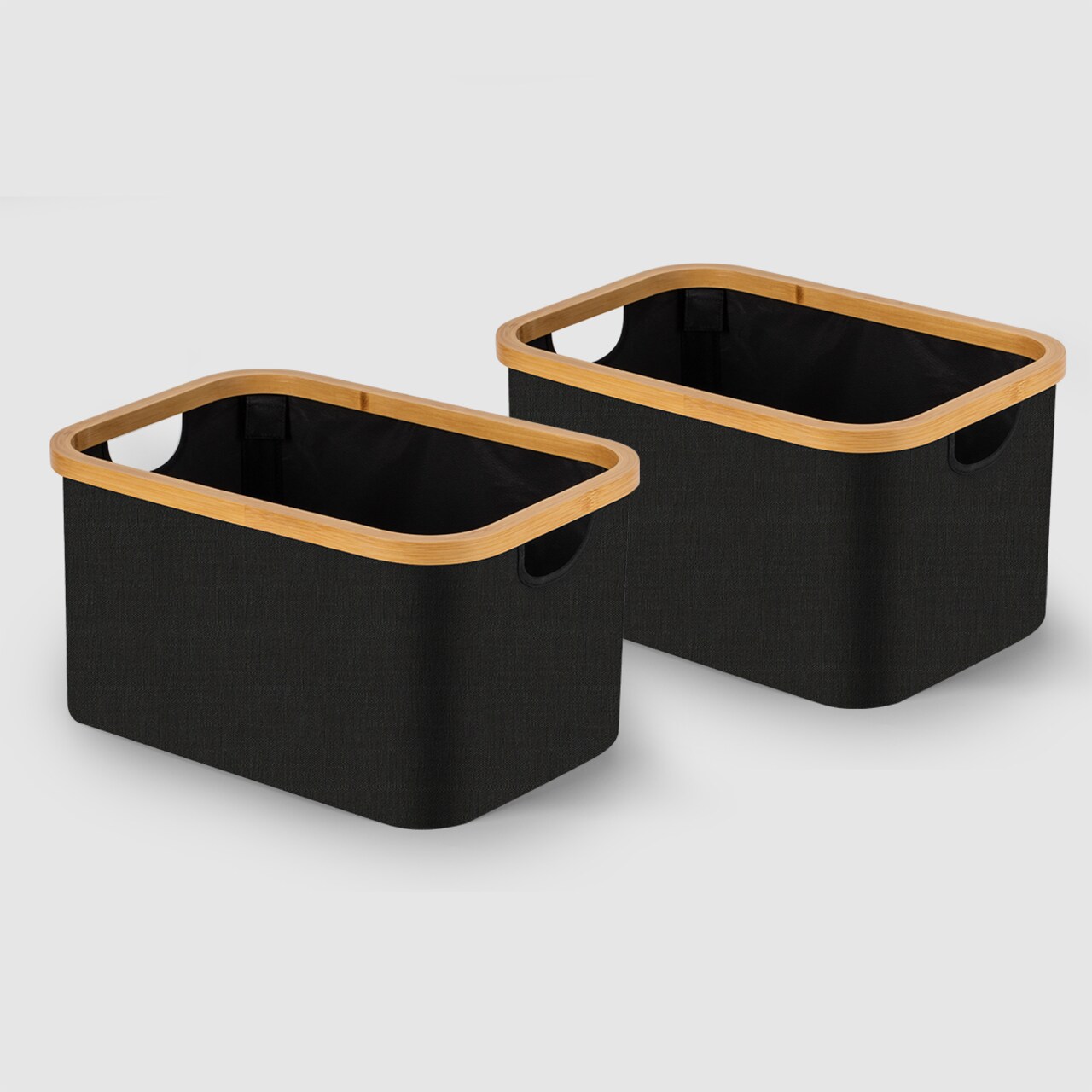 VUSIGN Bamboo Wood Frame Storage Medium Black – Medium Black Fabric Storage Basket with Bamboo Frame & Handles, Collapsible Home & Office Organizer, Set of 2